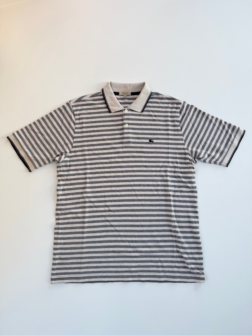 Burberry London Stripe Short Sleeve Polo Shirt Mens Large Ivory Gray
